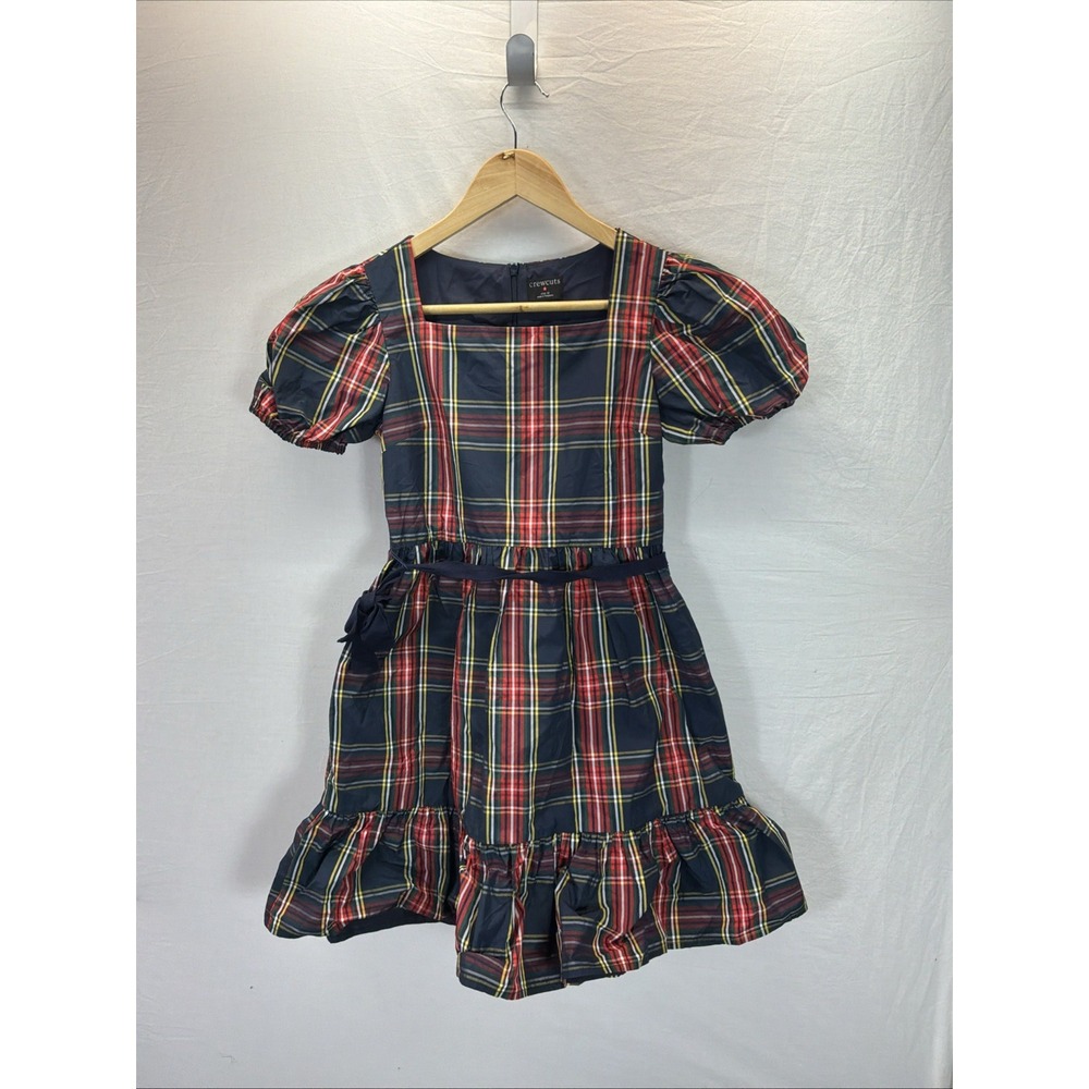 J Crew Crewcuts Girls Stewart Tartan Plaid Dress Navy puff sleeve Sz 12 Holiday